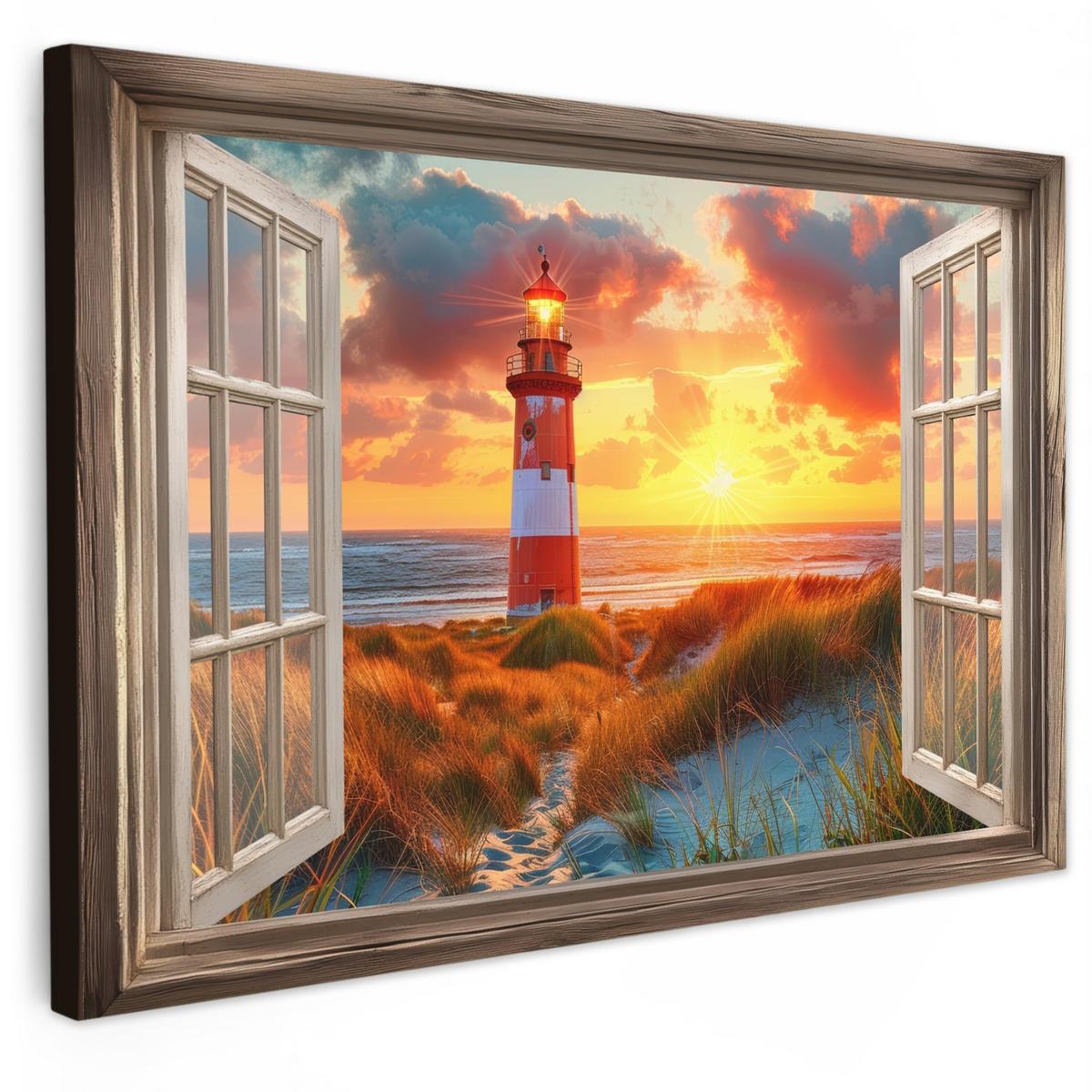 LEINWANDBILD Aussicht - Fenster - Leuchtturm - Sonnenuntergang - Strand Wanddeko 90x60 cm - Dunkelorange, Textil (90/60cm) - MuchoWow