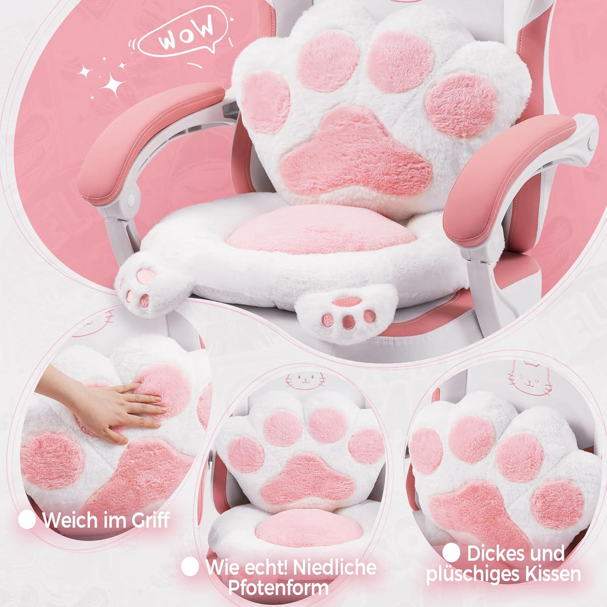 GAMING-STUHL Ergonomischer & Fußstütze Bürostuhl & Lendenwirbelstütze - Rosa, Leder (52/126/49cm)