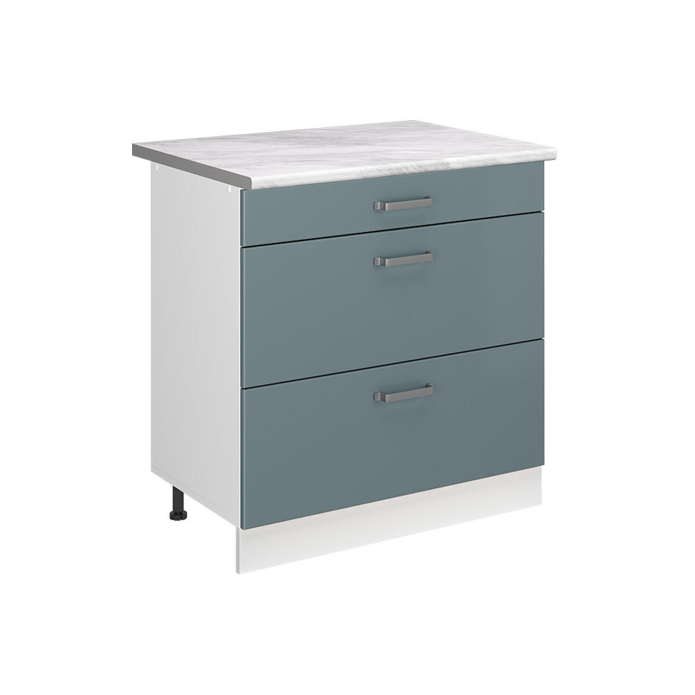 SPODNÍ SKŘÍŇKA KUCHYŇSKÉ LINKY R-Line, Modrošedá/Bílá, 80 cm se 3 zásuvkami pracovná doska Mramor - bílá/šedohnědá, kompozitní dřevo (80/81.6/60cm) - Vicco