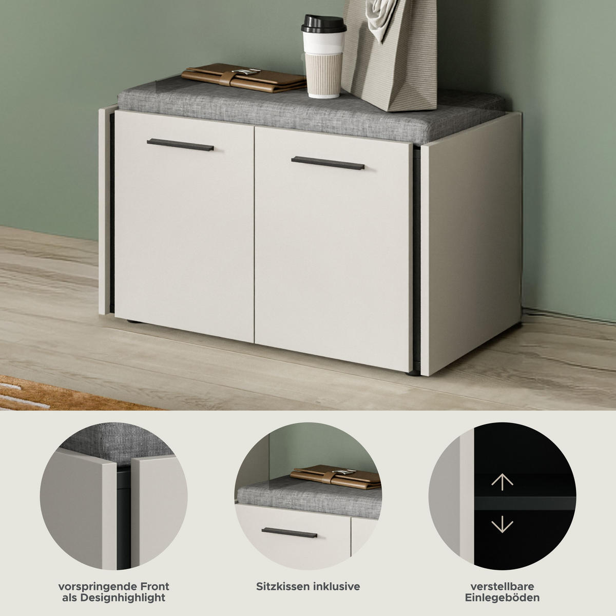 SITZBANK INKL. SITZKISSEN Emil Kaschmir 75/40/42 cm - Beige, Holzwerkstoff (75/42/40cm) - Xonox