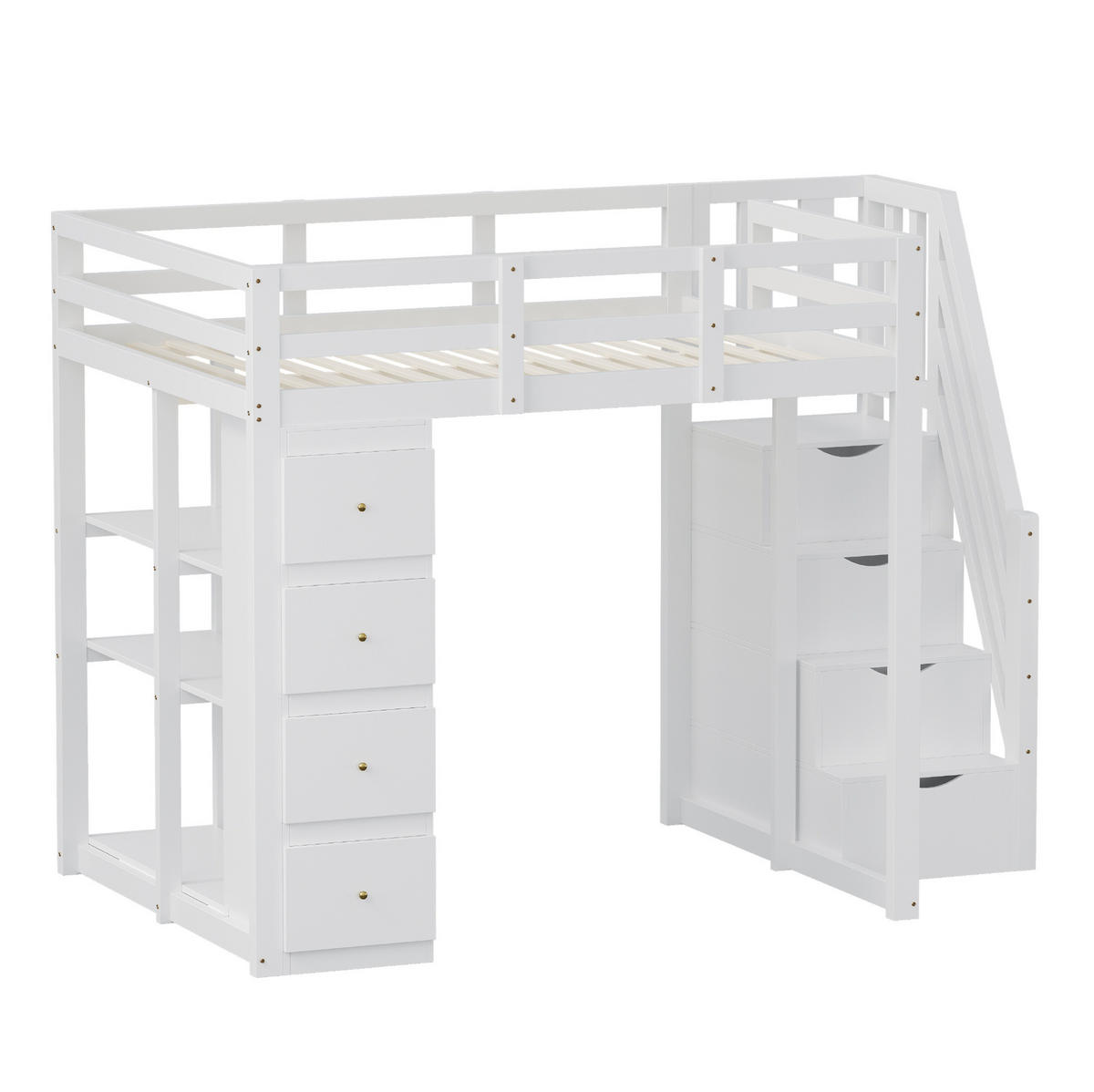VISOKI krevet 140/200 cm s velikim ladicama i policama, sigurnosnim usponom, Bijela - bijela, drvni materijal (140/200cm) - Redom
