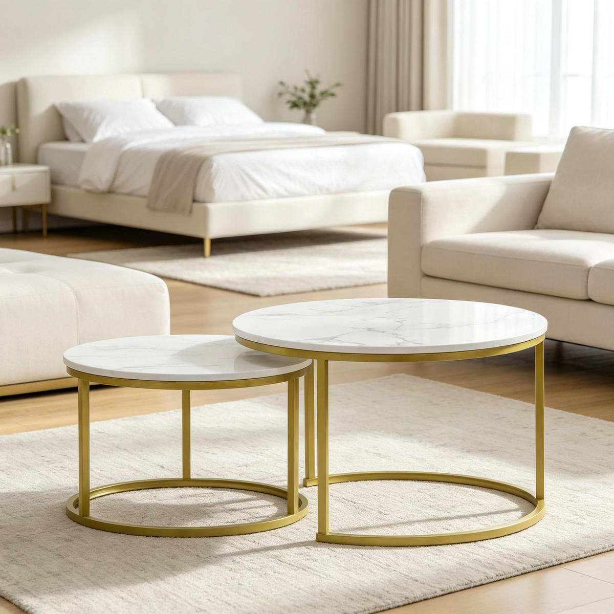 COUCHTISCH-SET 2-teilig Weiß/Gold Marmoroptik rund - Goldfarben/Weiß, Holzwerkstoff/Metall (74/74/46.3cm)