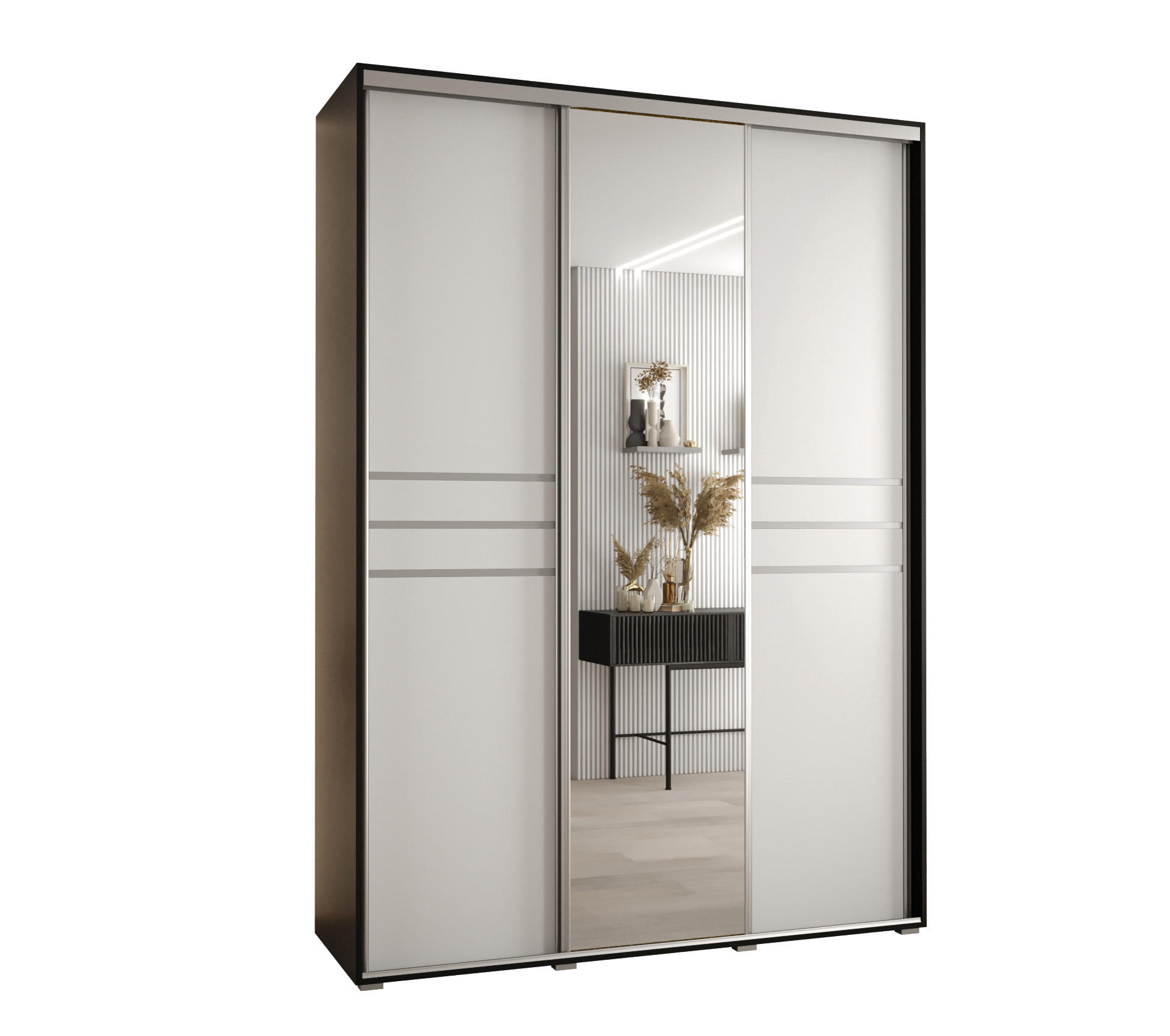 Abiks Möbel Schwebetürenschrank Schwarz, Weiß, Silber 180x235x60 cm