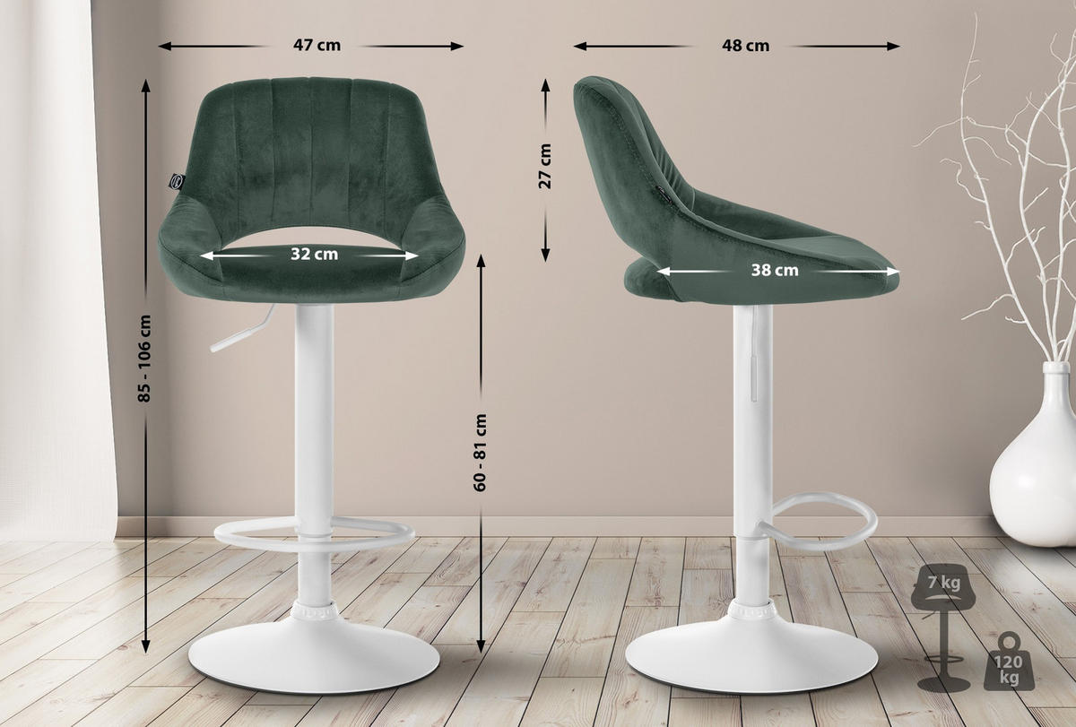 BARHOCKER 2er Set Samt grün - Weiß/Grün, Textil (47/85/48cm) - CLP