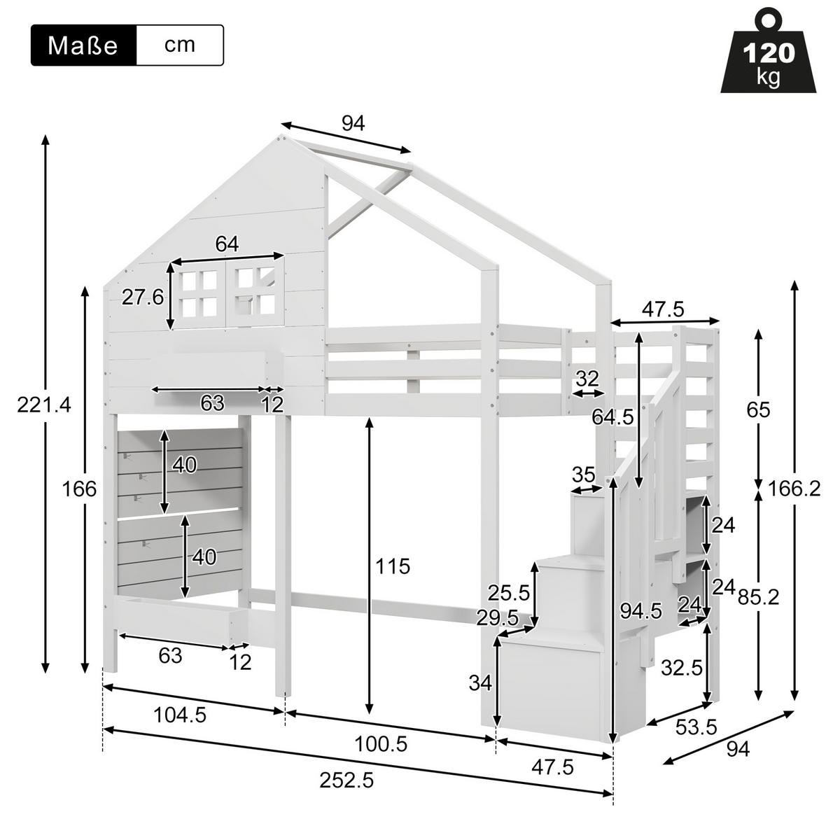HAUSBETT 90/200 cm in Weiß mit Stauraumtreppe und Hausdesign - Weiß, Holzwerkstoff (90/200cm) - BEAOK