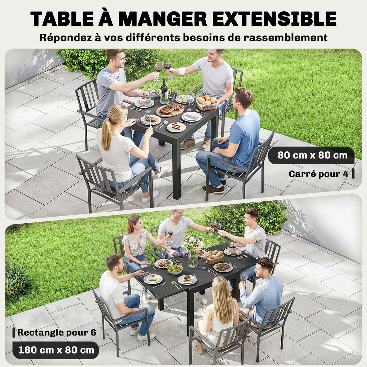 GARTENTISCH DE-14205 80-160 cm, für 4-6 Personen Schwarz - Schwarz, Metall (160/80/75cm) - ComfortXL