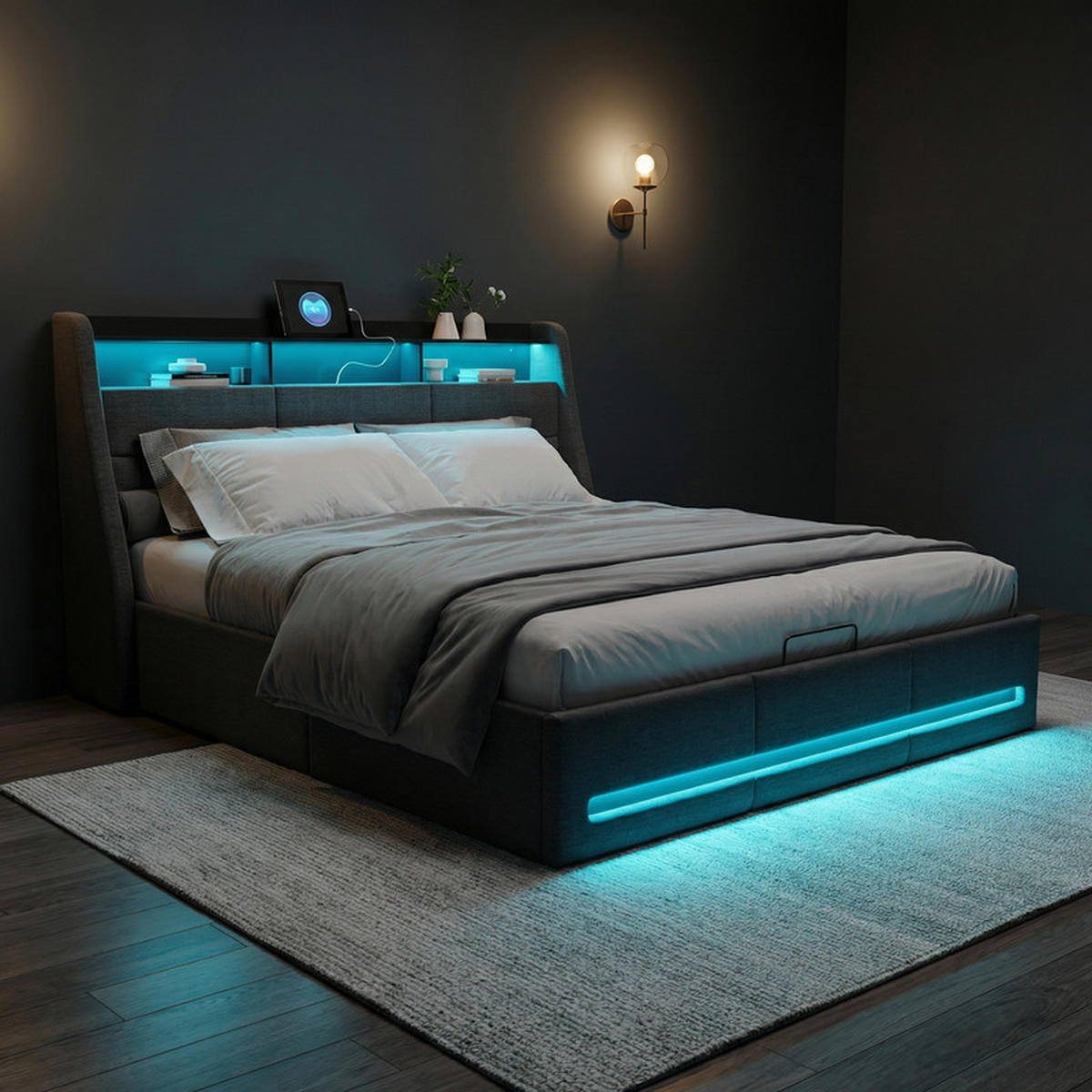 POLSTERBETT 140/200 cm grau mit Stauraum, LED und USB - Grau, Holz