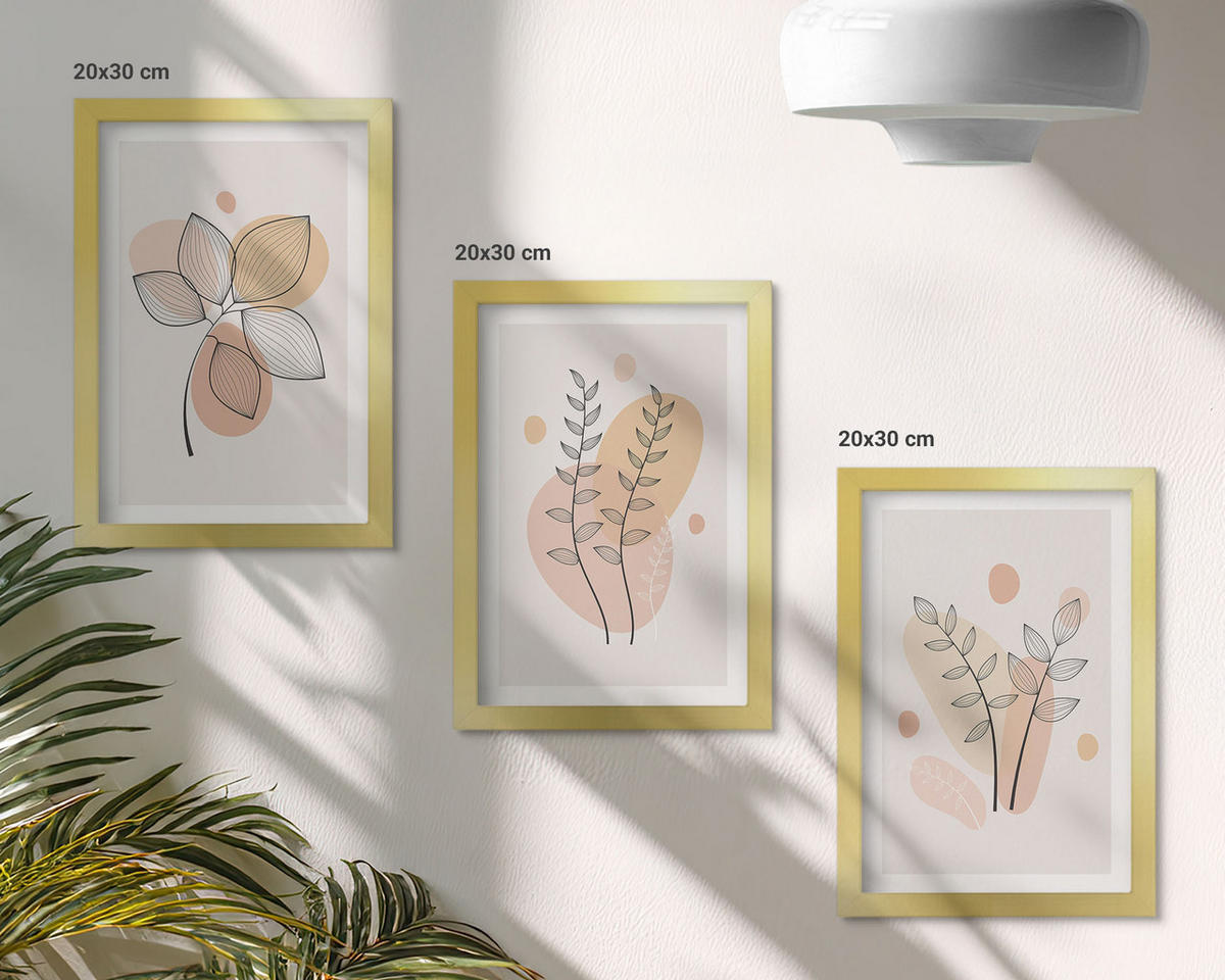 BILDER SET 3er Set - 20x30 cm Goldrahmen - Pastellfarbene Pflanzenzeichnungen - Goldfarben, Kunststoff (20/30cm) - TULUP