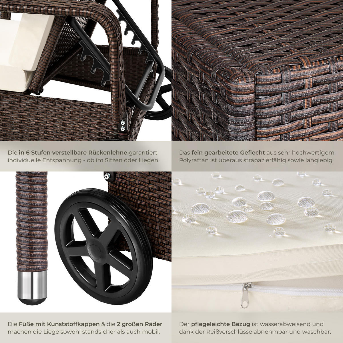 RATTAN-SONNENLIEGE, 200 x 70 x 33 cm, braun gemischt - Braun, Kunststoff (70/33/200cm) - tectake