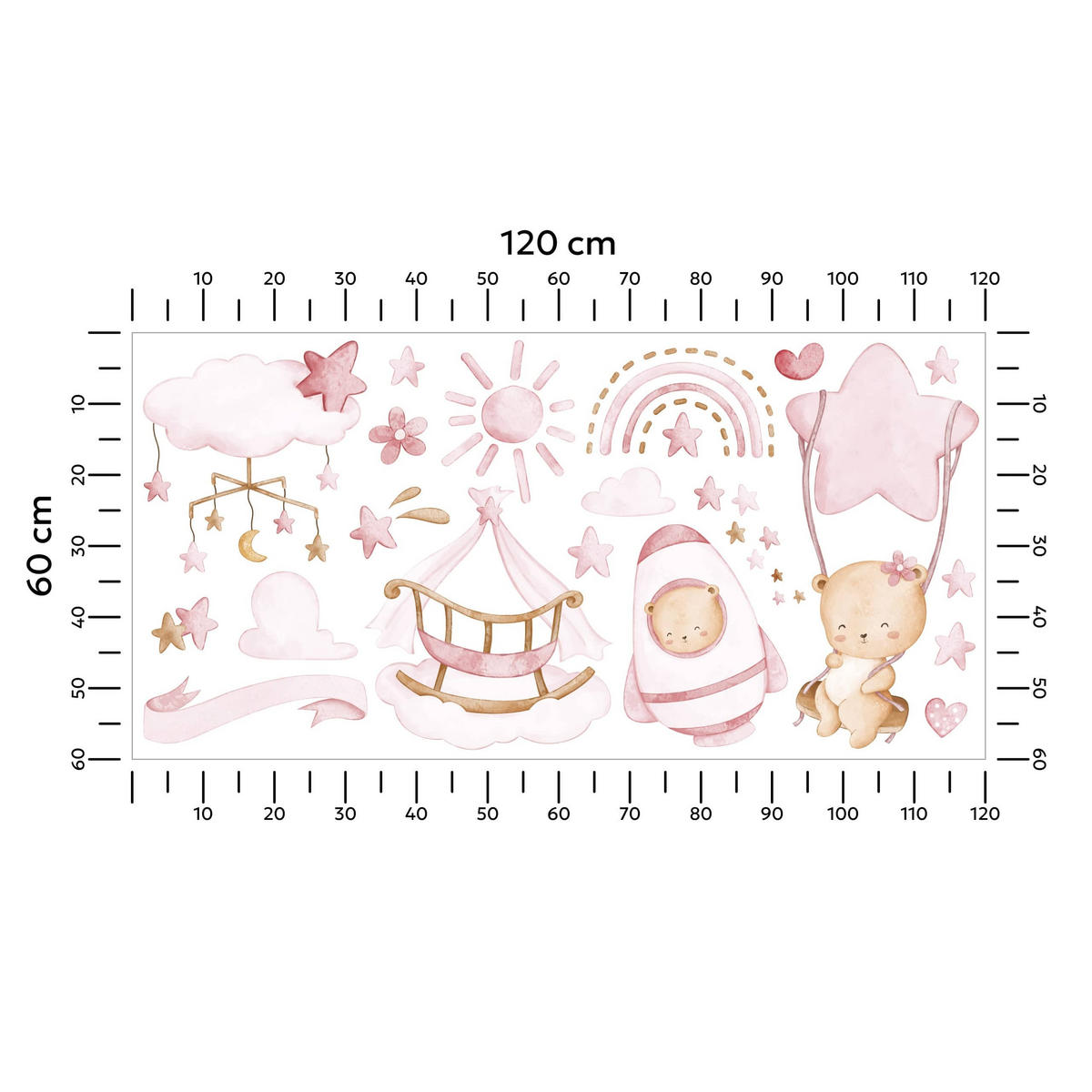 WANDTICKER Teddybären rosa Wolken Sterne 120x60 - Beige/Rosa, Papier (120/60/1cm) - Muralo