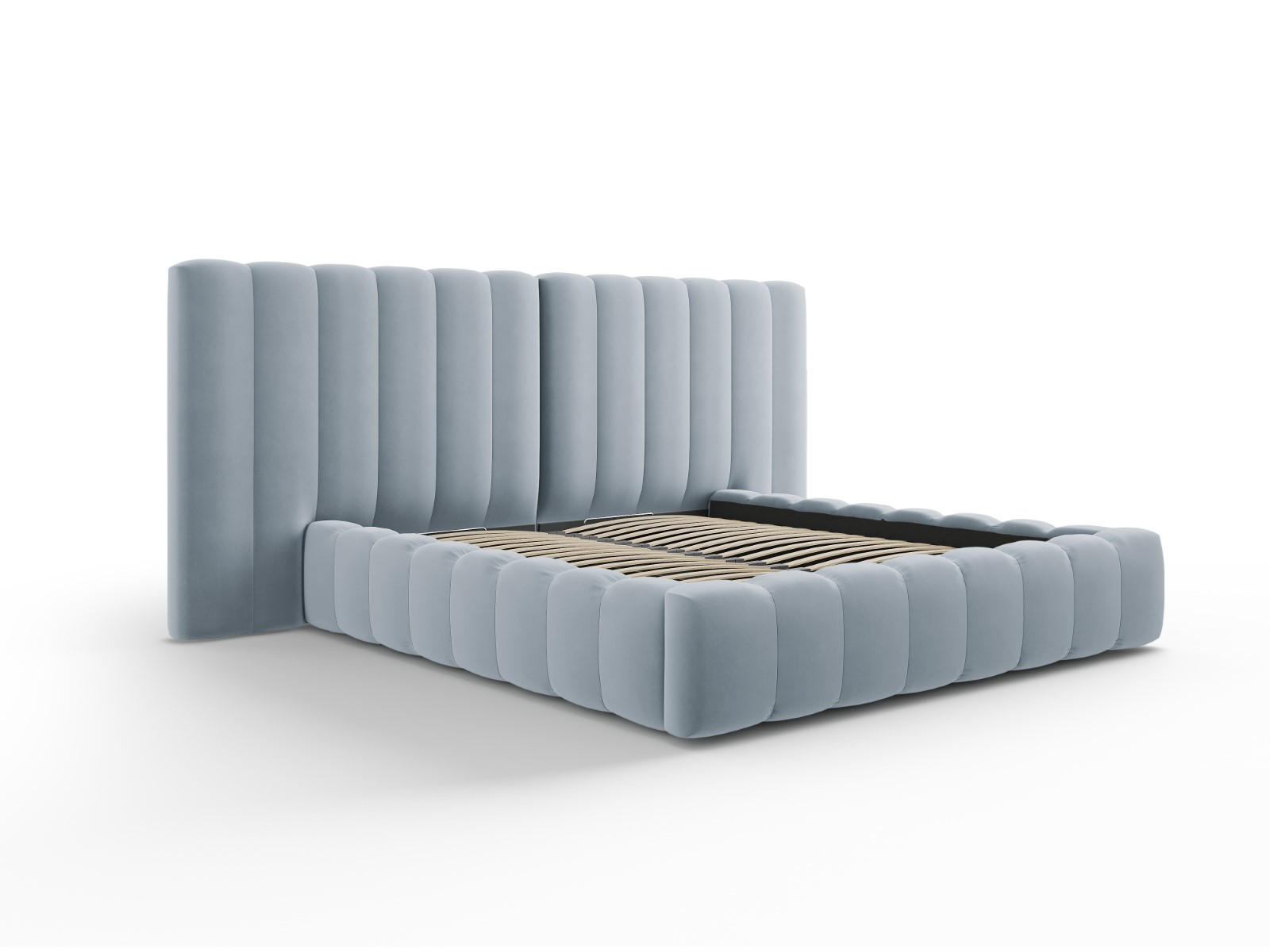 BETT mit Bettkasten und Doppelkopfteil Kelp aus Samt hellblau 140x200cm - Hellblau, Textil (140/200cm) - Micadoni