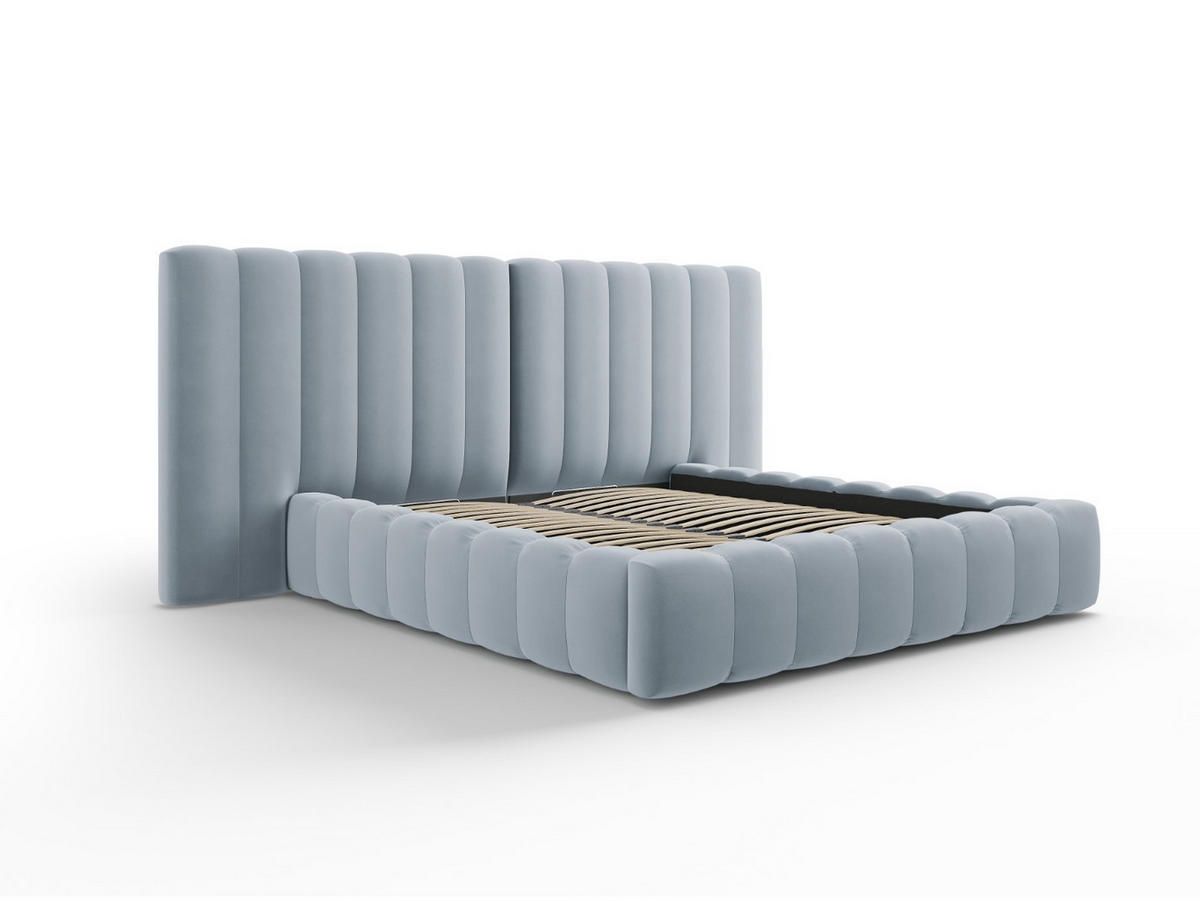 BETT mit Bettkasten und Doppelkopfteil Kelp aus Samt hellblau 140x200cm - Hellblau, Textil (140/200cm) - Micadoni