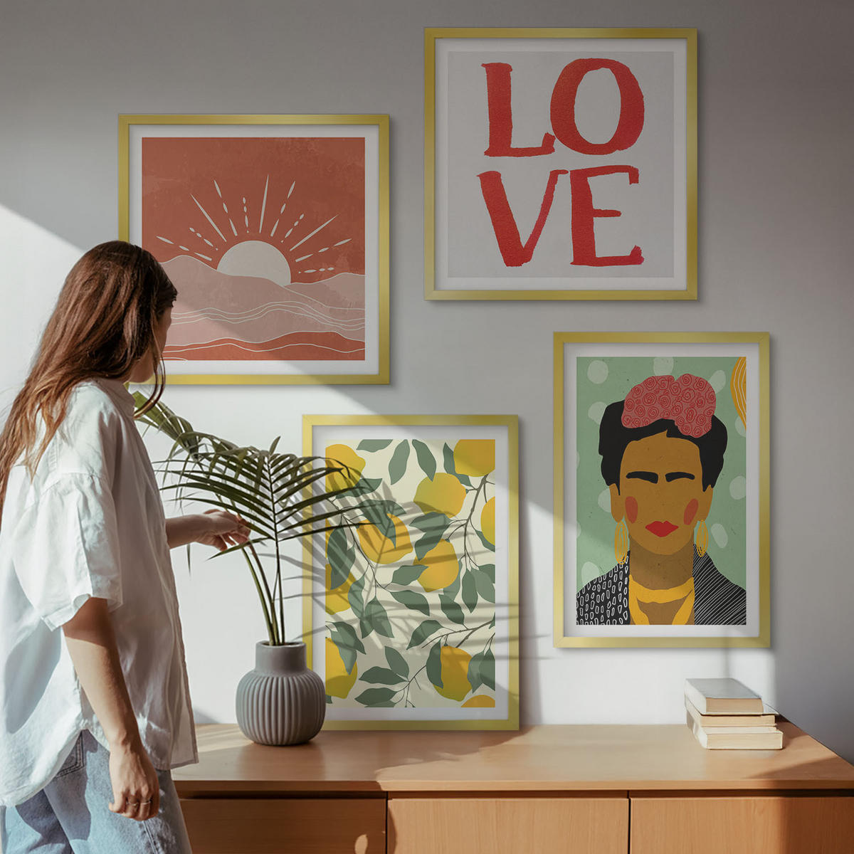 BILDER SET 4er Set - 50x50 cm & 40x60 cm Goldrahmen - Zitronen Inschrift Liebeslandschaft Frida - Goldfarben, Kunststoff (50/50cm) - TULUP