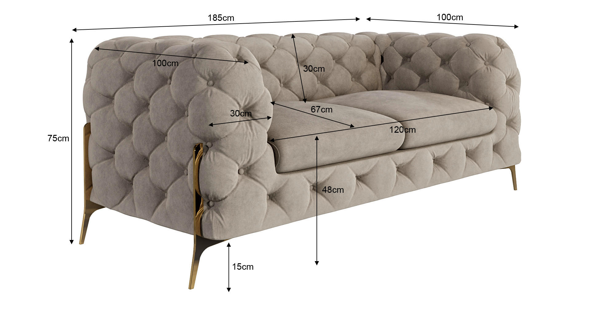 Thumbnail - S-Style Möbel Chesterfield-Sofa, Creme, Textil, Echtholz,Buche, Birke, 2-Sitzer, Füllung: Polyetherschaumkern, 185x75x10...