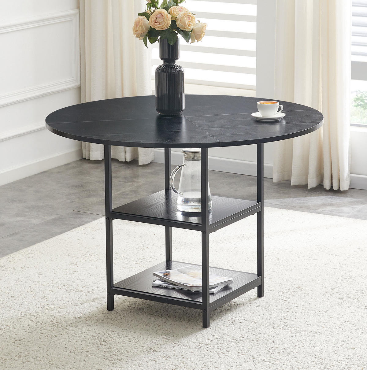 ESSTISCH 107/107/75 cm mit doppelter offener Ablage und Metallgestell in Holzoptik, Schwarz - Schwarz, Holzwerkstoff (107/107/75cm) - Redom