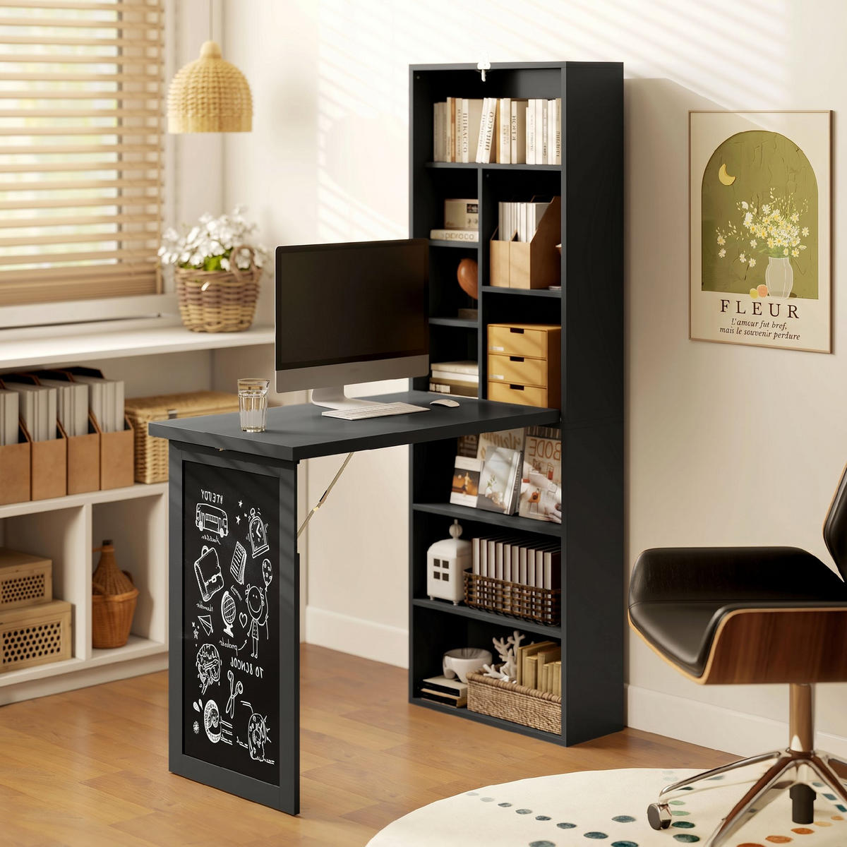 SCHREIBTISCH Schwarz klappbar mit Regal und Tafel 98/51/153 cm - Schwarz, Holzwerkstoff (51/98/153cm) - PANGIVO