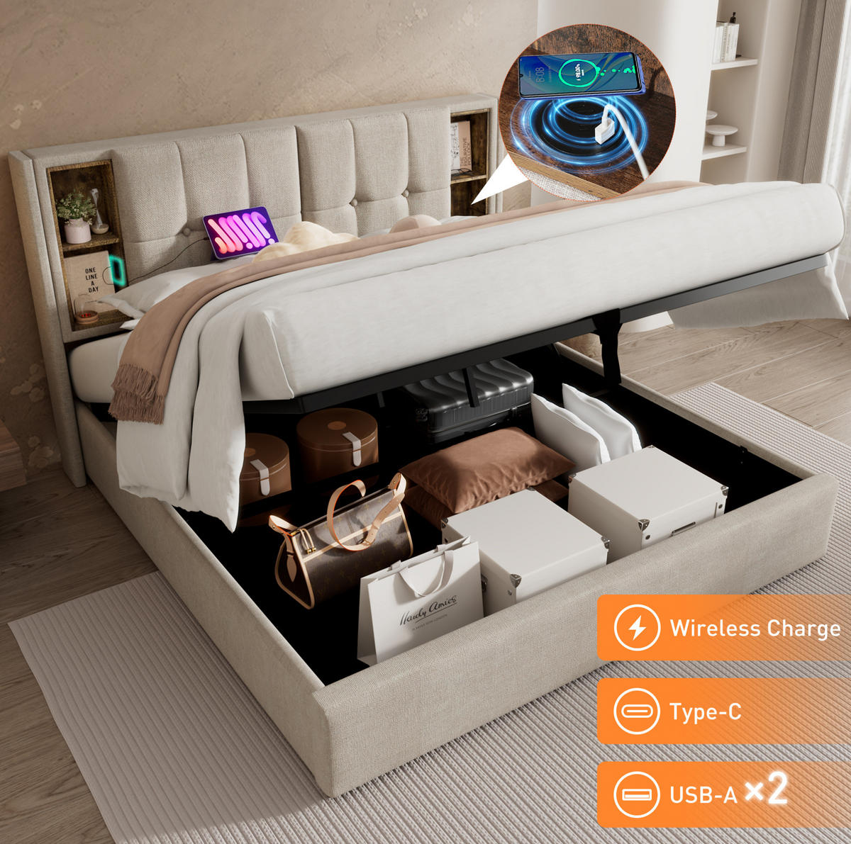 POLSTERBETT 140/200 cm mit Bettkasten, USB-C und kabellosem Laden - Naturfarben, Textil (140/200cm) - BEAOK