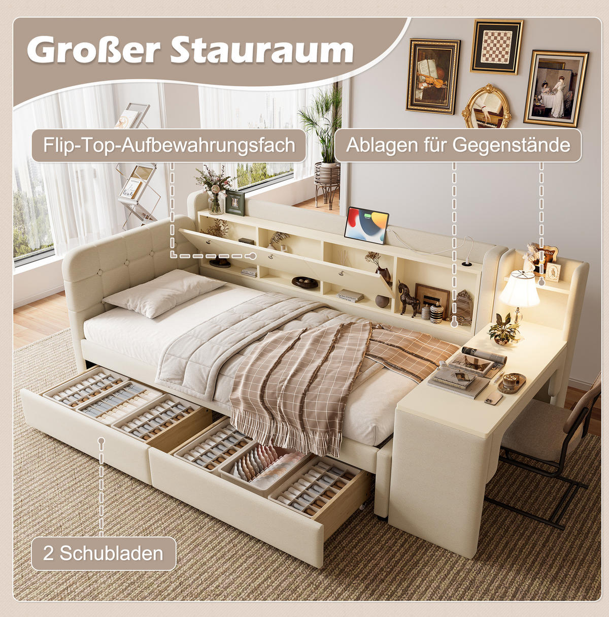 POLSTERBETT 90/200 cm Beige aus Leinen mit Schreibtisch - Beige, Textil (90/200cm) - OKMYHOME