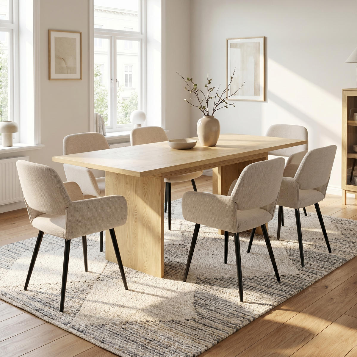 ESSTISCH-SET 1+6, ausziehbarer Tisch mit 6 Esszimmerstühlen - Eichefarben/Schwarz, Holzwerkstoff (180/75/80cm) - Urban Meuble