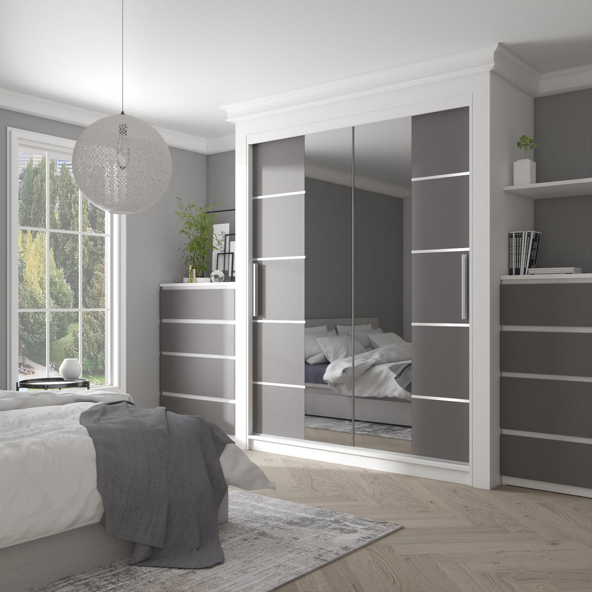 SCHWEBETÜRENSCHRANK Verona ME, Weiß/Grau Matt, 158 cm, mit Spiegel - Grau, Holz (158/216/60cm) - B BELINI GROUP