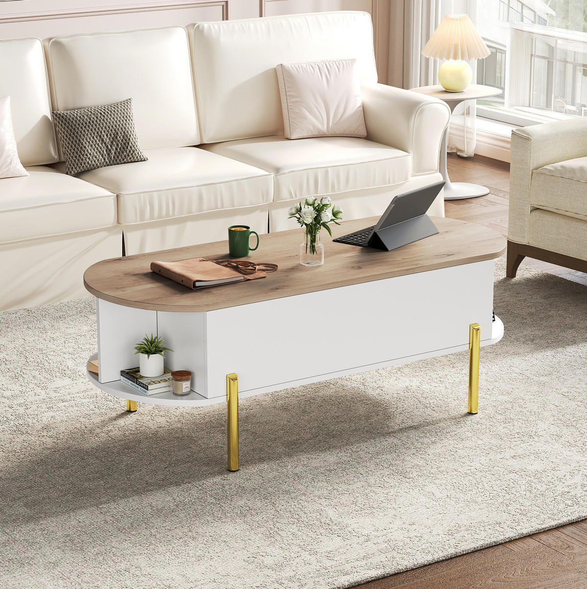 COUCHTISCH 120/50/43 cm weiß aus MDF mit höhenverstellbarer Tischplatte und Stauraum - Weiß, Holzwerkstoff (120/50/43cm) - OKMYHOME