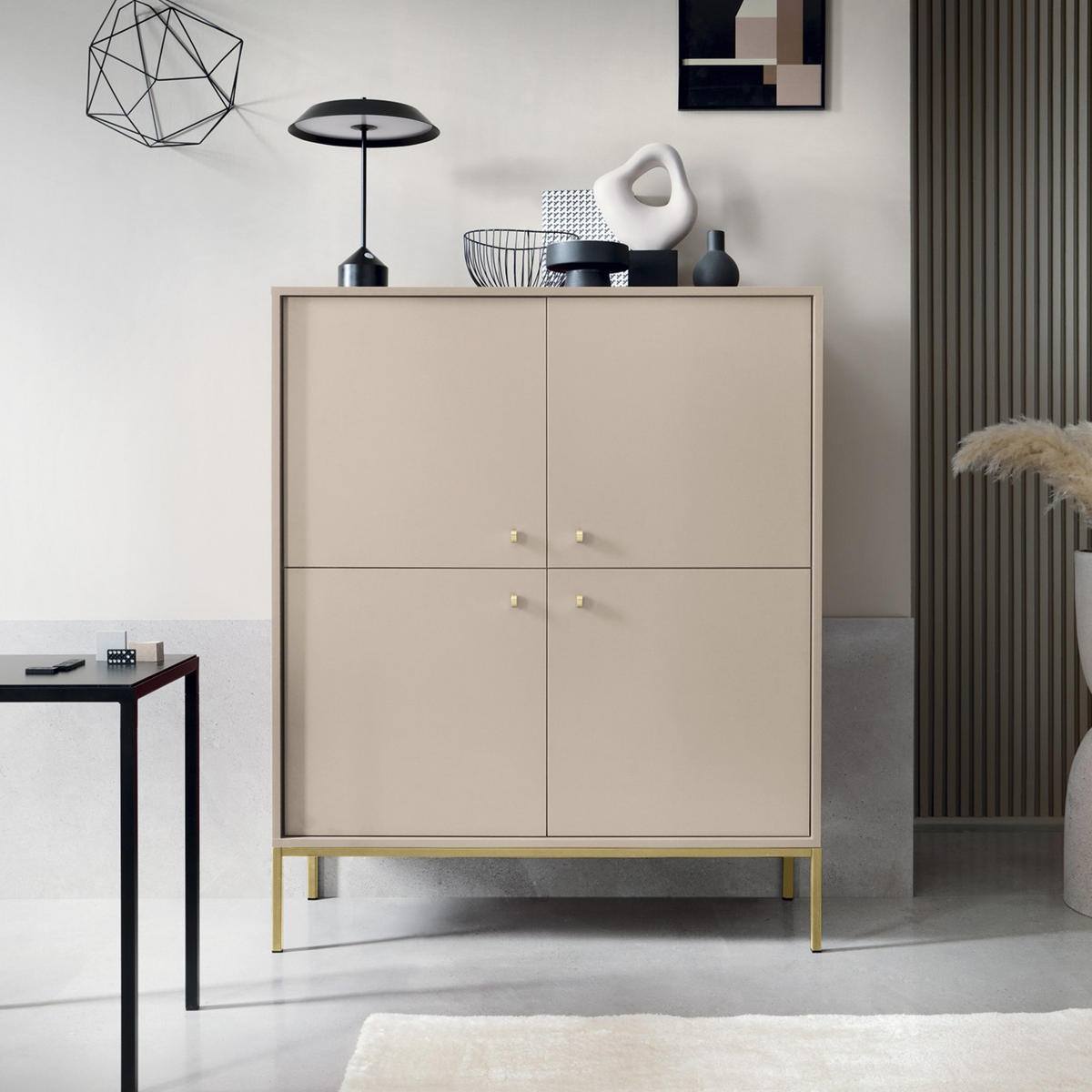 HOCHKOMMODE BARI KW4D (Beige, Goldene Griffe, Goldenes Gestell) - Beige/Goldfarben, Holz/Holzwerkstoff (104/126/39cm) - Ravio