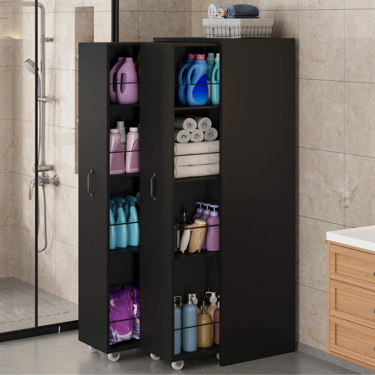 BÜCHERREGAL mit Rollen 4 Ebenen Erweiterbar MDF Modern - Schwarz, Holzwerkstoff (51.5/158/41cm) - FLIEKS