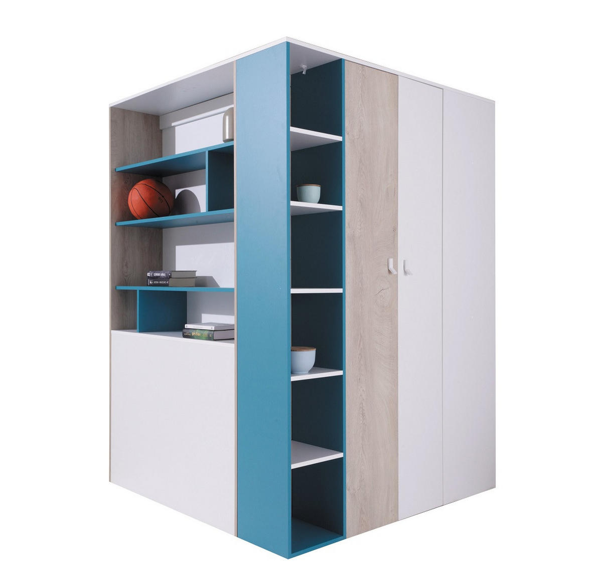 JUGENDZIMMER Space Set B mit Bett 90 x 200 - Weiß-Eiche-Türkis - Türkis/Eichefarben, Holzwerkstoff (135/190/135cm) - QMM TraumMöbel