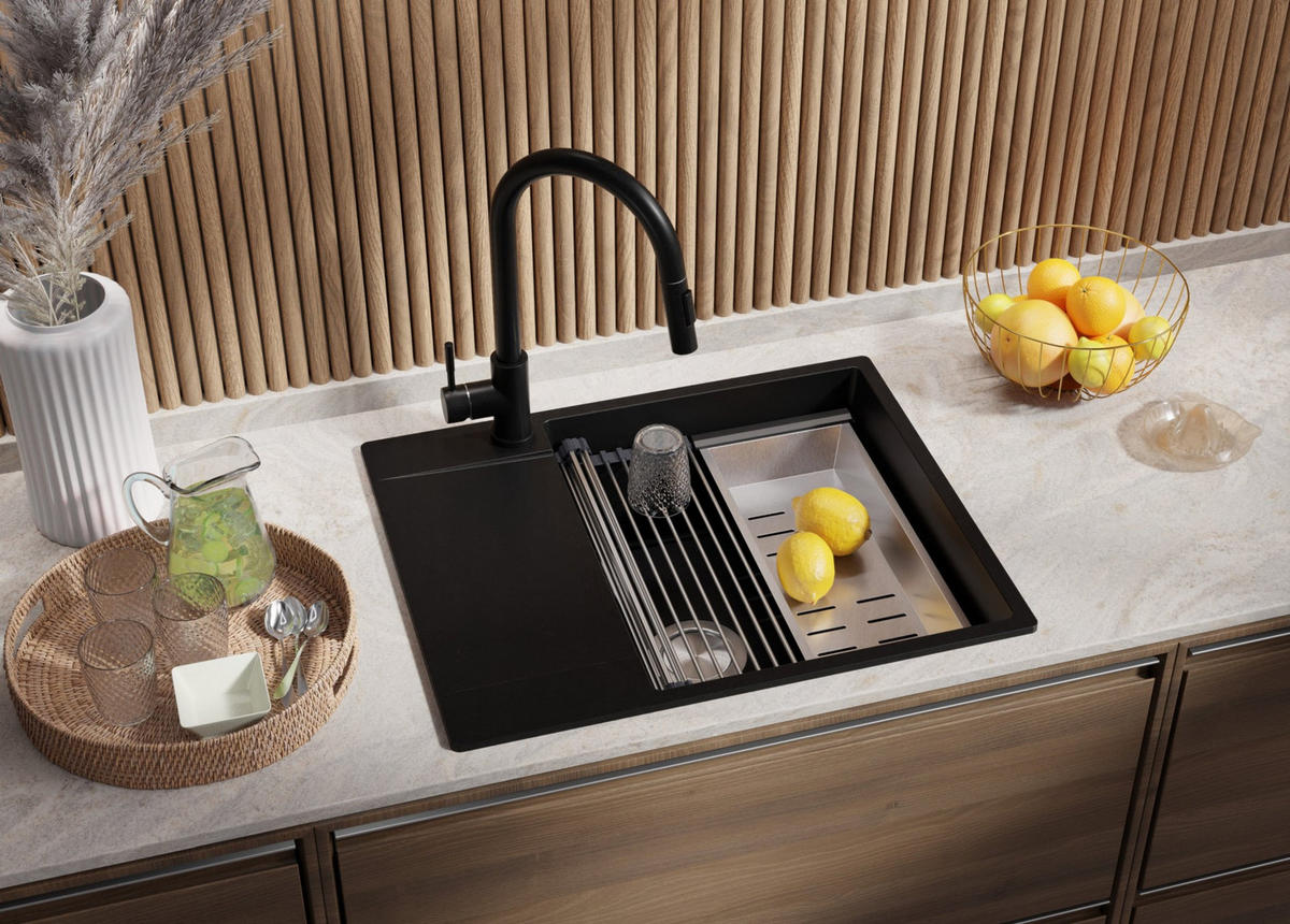 SPÜLBECKEN San Francisco, 2-er set Alles Schwarz 62/50 cm 1 Becken + Ablauf-Set + Aufrollbare Abtropffläche ab 50er Unterschrank - Schwarz, Kunststoff (62/20/50cm) - Primagran