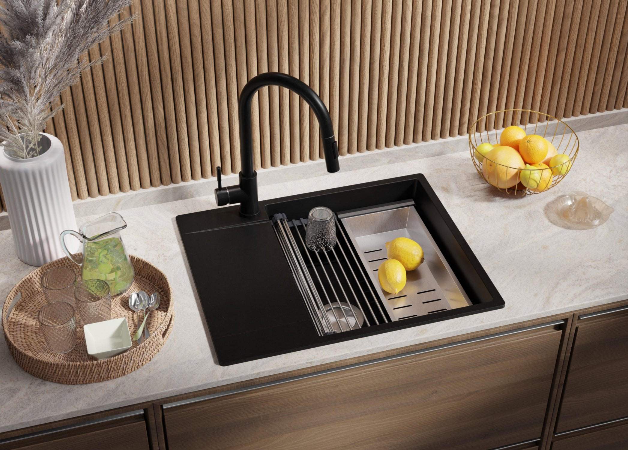 Thumbnail - Primagran Granitspüle, Schwarz, Chrom, Schwarz, Chrom, Kunststoff, Rechteckig, 62x20x50 cm, Küchen, Küchenausstattung, K...