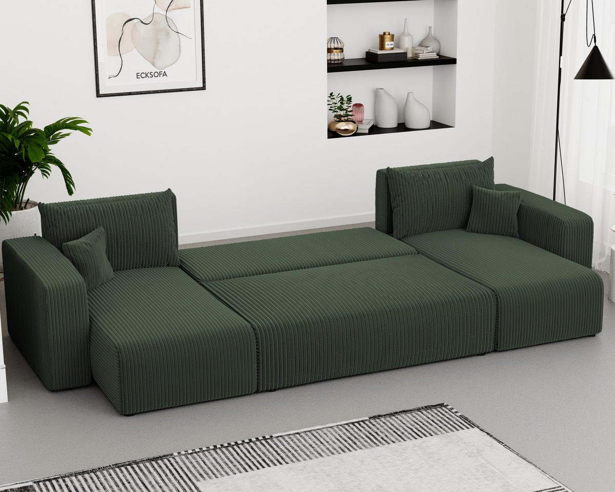 WOHNLANDSCHAFT mit Schlaffunktion und Bettkasten, Grün - Schwarz/Grün, Kunststoff/Textil (318/79/145cm) - Idohome