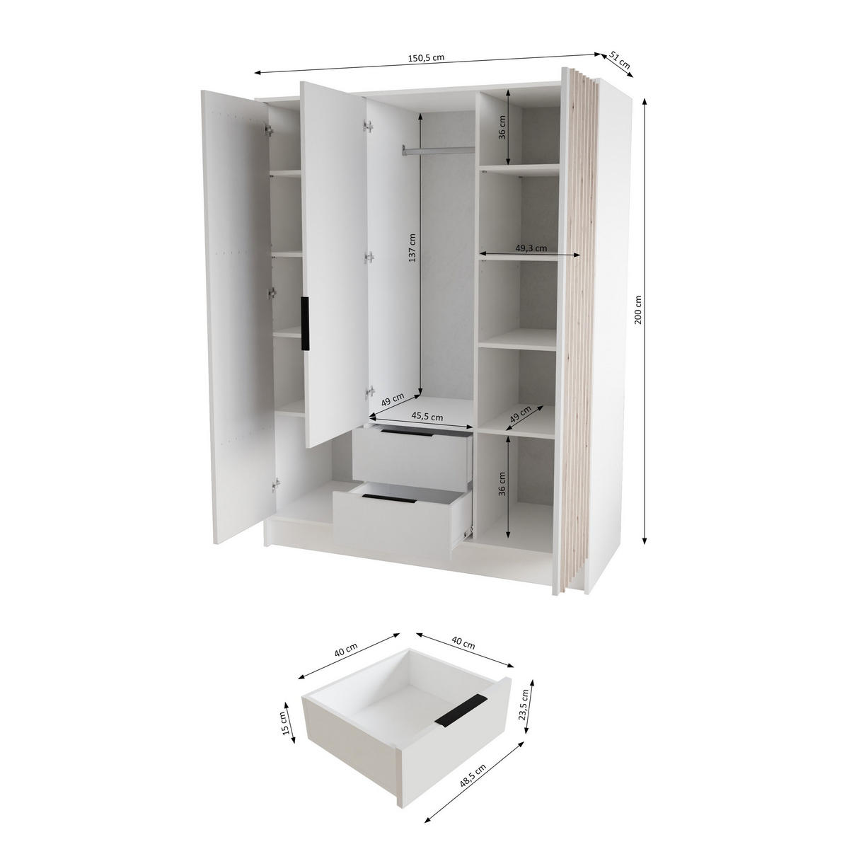 DREHTÜRENSCHRANK PELOR 150,5/200/51 cm Modern Kleiderschrank 3-türig mit Spiegel Weiß - Weiß, Holzwerkstoff (150.5/200/51cm) - MASSENO