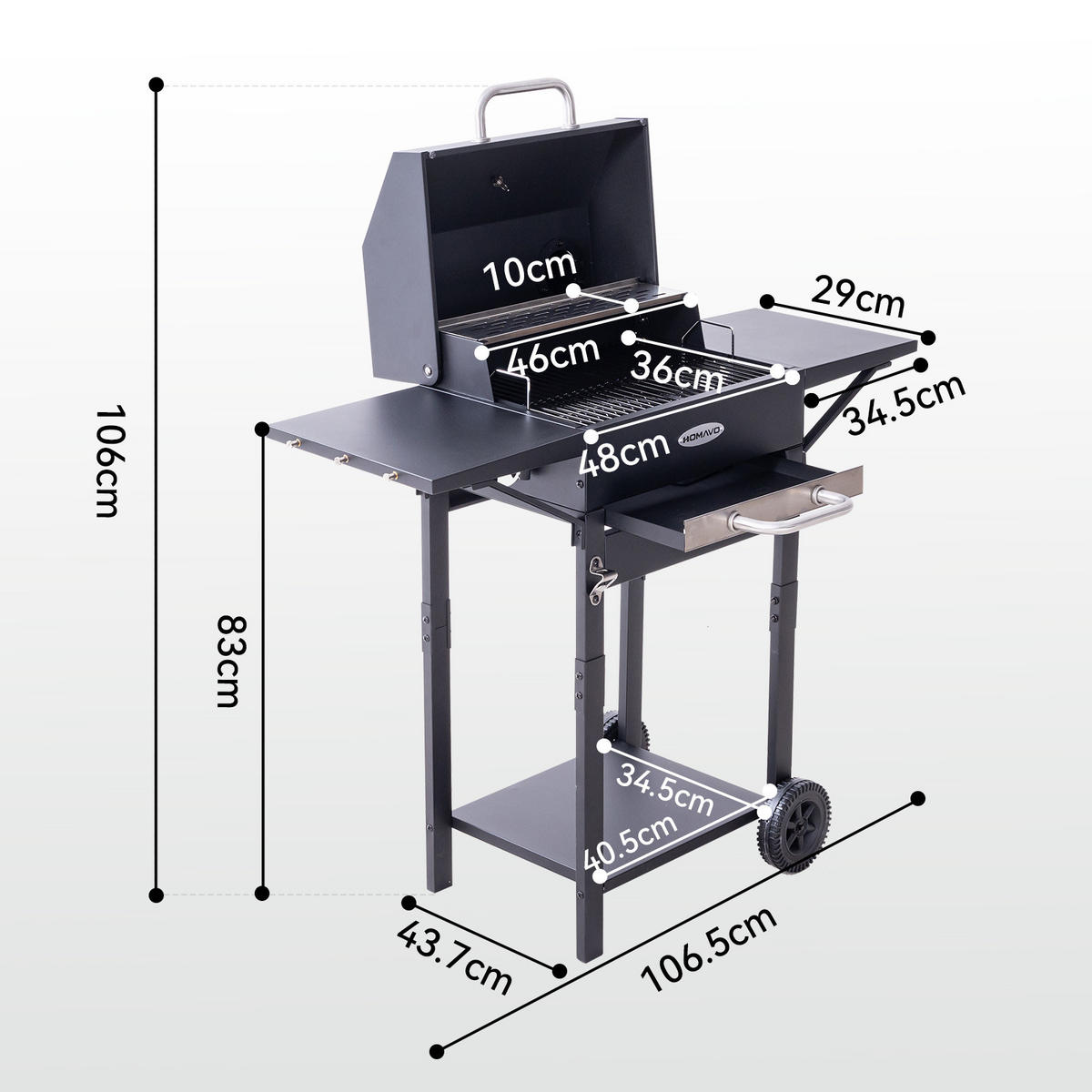 HOLZKOHLEGRILL - Schwarz, Metall (44/106/107cm) - HOMAVO