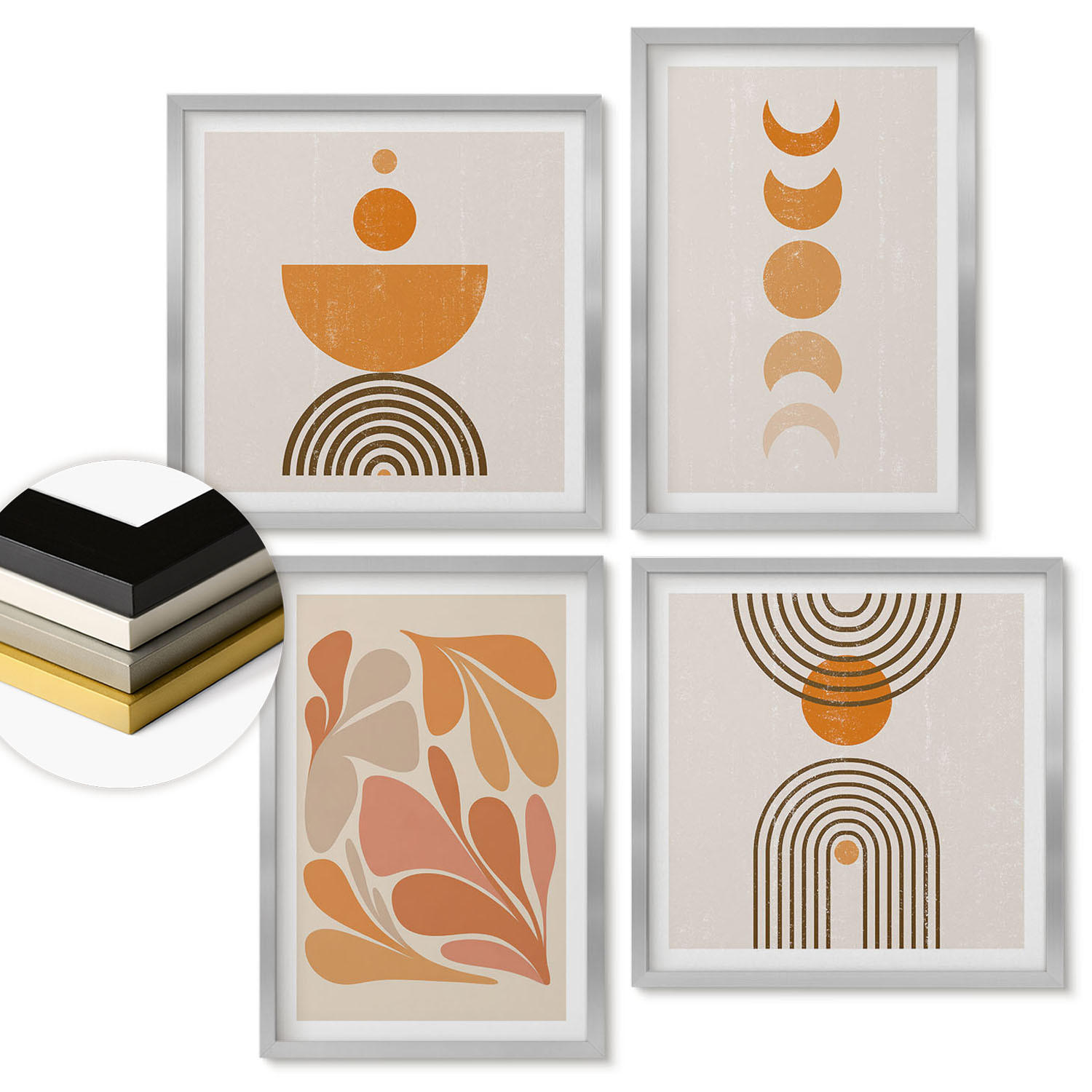 WANDBILDER 4er Set - 50x50 cm & 40x60 cm Silberner Rahmen - Abstrakte orange Formen - Silberfarben, Kunststoff (50/50cm) - ArtPrintCave
