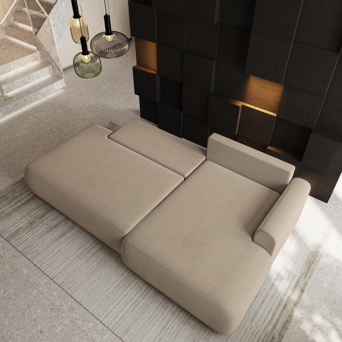 ECKSOFA NUVIRA CL R-S Beige Samtstoff mit Schlaffunktion - Beige, Holzwerkstoff/Textil (279/158cm) - MASSENO