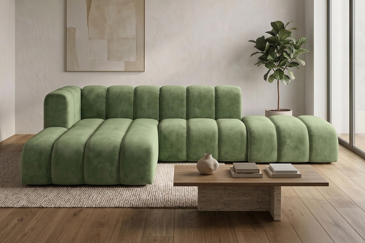 ECKSOFA Modulares In L-Form Mit Hocker, Velvet-Stoff Riviera, Olive, Links, GRAND Mini - Grün, Holz (295/179cm) - Kaiser Möbel