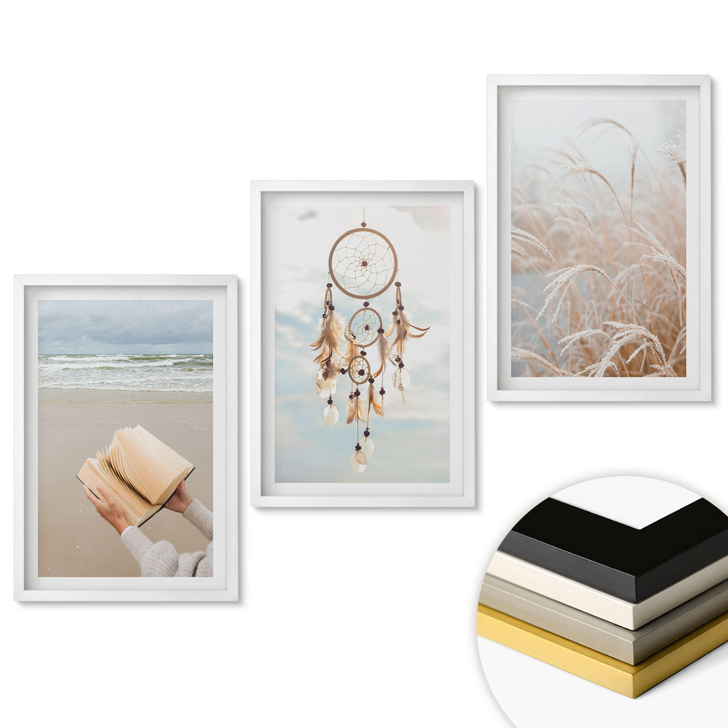 WANDBILDER 3er-Set - 40x60 cm Weißer Rahmen - Friedliche sommerliche Boho-Landschaften - Weiß, Kunststoff (40/60cm) - ArtPrintCave