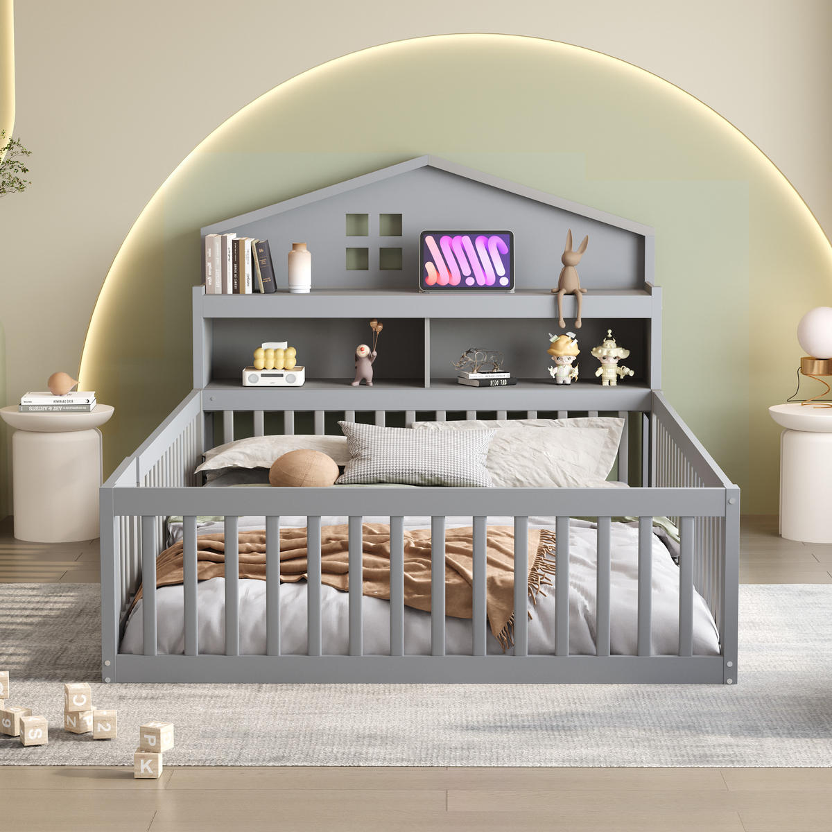 BODENBETT 140/200 cm grau aus Massivholz mit Kreidetafel-Kopfteil - Grau, Holz (140/200cm) - OKWISH