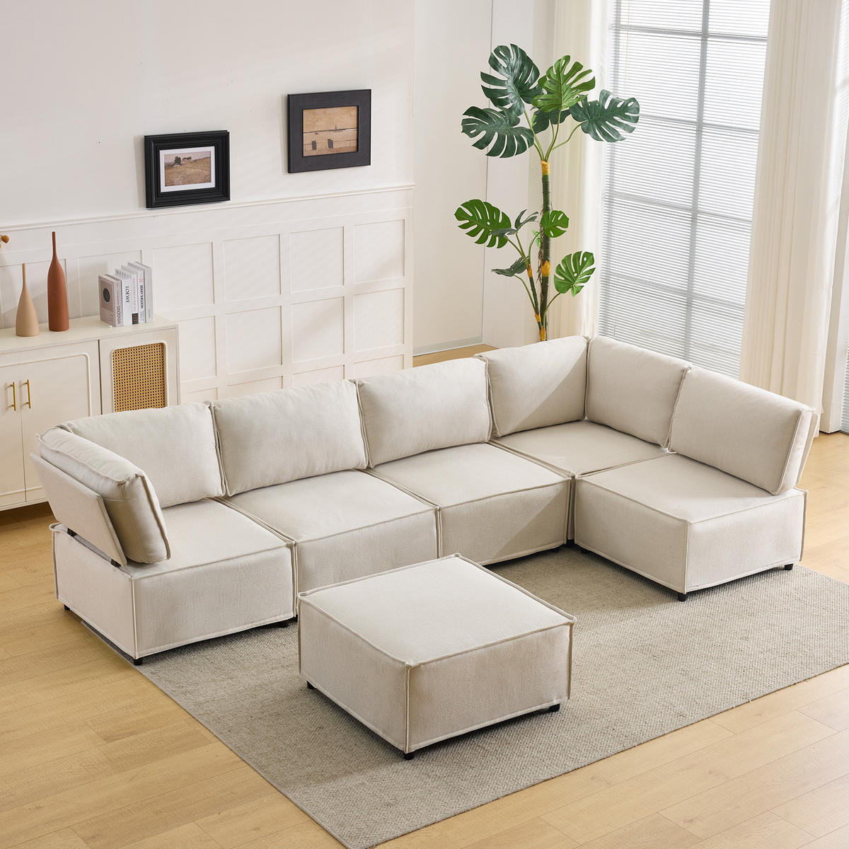 WOHNLANDSCHAFT Leinen Beige Frei kombinierbar - Beige, Holzwerkstoff/Textil (308/77/152cm) - WISHDOR
