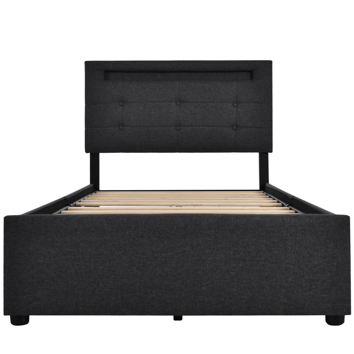 POLSTERBETT 90/200 cm schwarz mit LED-Beleuchtung und 2 Schubladen - Schwarz, Textil (90/200cm) - OKWISH