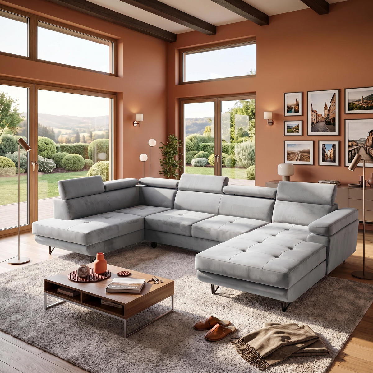 ECKSOFA U-Form JUNIOR U Links mit Schlaffunktion 128x254 Velours Grau - Schwarz/Grau, Holz/Textil (323/90/184cm) - Muffo