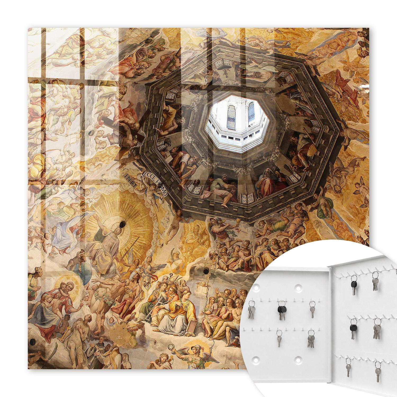 SCHLÜSSELBOX Weiß 30x30 cm – Türöffnung nach rechts - Religiöse Fresken - Gelb, Metall (30/30/5cm) - TULUP