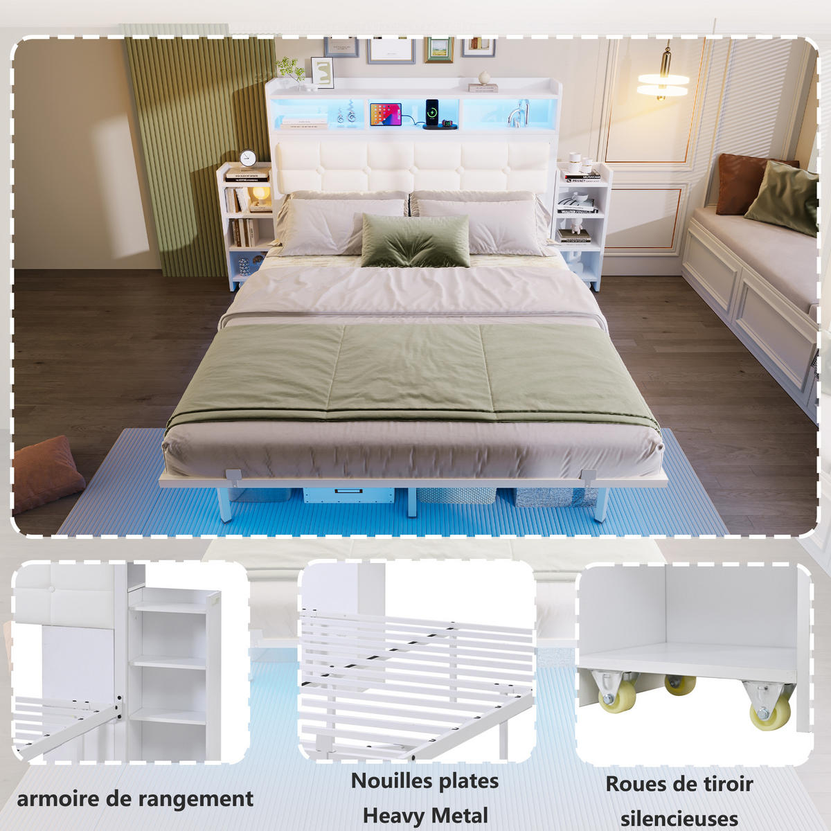 BETT 140x190 cm LED USB Ablage weiß - Weiß, Metall (140/190cm) - LEBENLANG