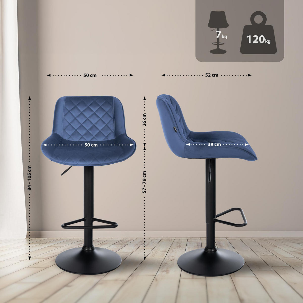 BARHOCKER Samt Blau - Blau/Schwarz, Textil/Metall (50/84/52cm) - CLP