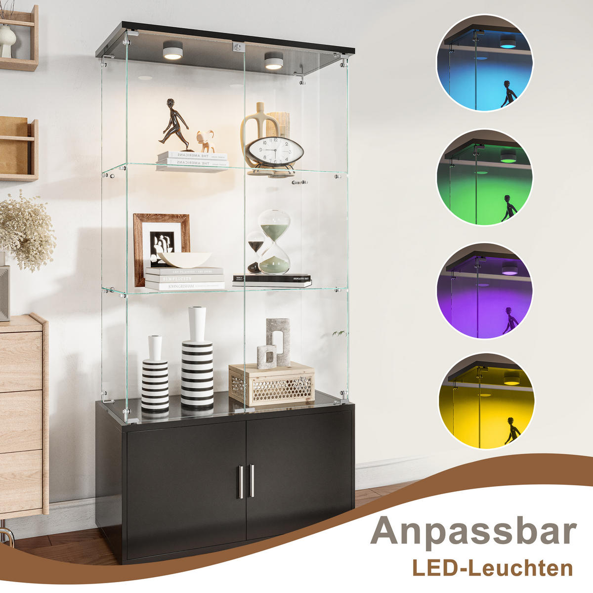 GLASVITRINE 4 Türen 6 Einlegeböden LED Touch schwarz - Schwarz, Holz (78.5/164/35cm) - Fortuna Lai