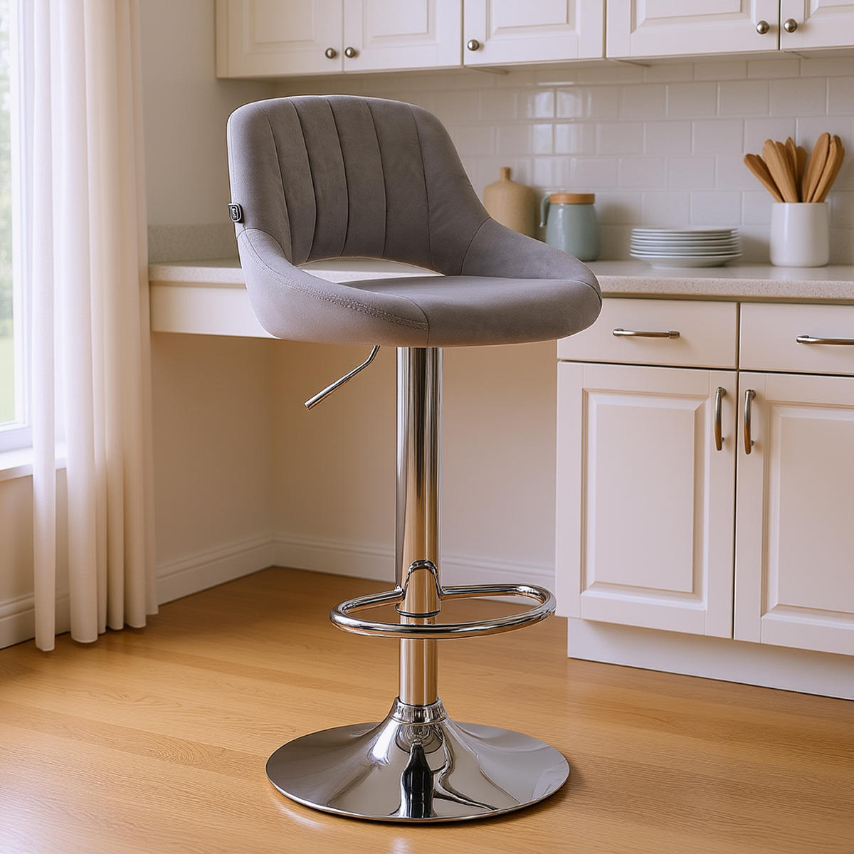 BARHOCKER 2er Set Milos Samt C dunkelgrau - Chromfarben/Grau, Textil/Metall (47/106/48cm) - TPFLiving