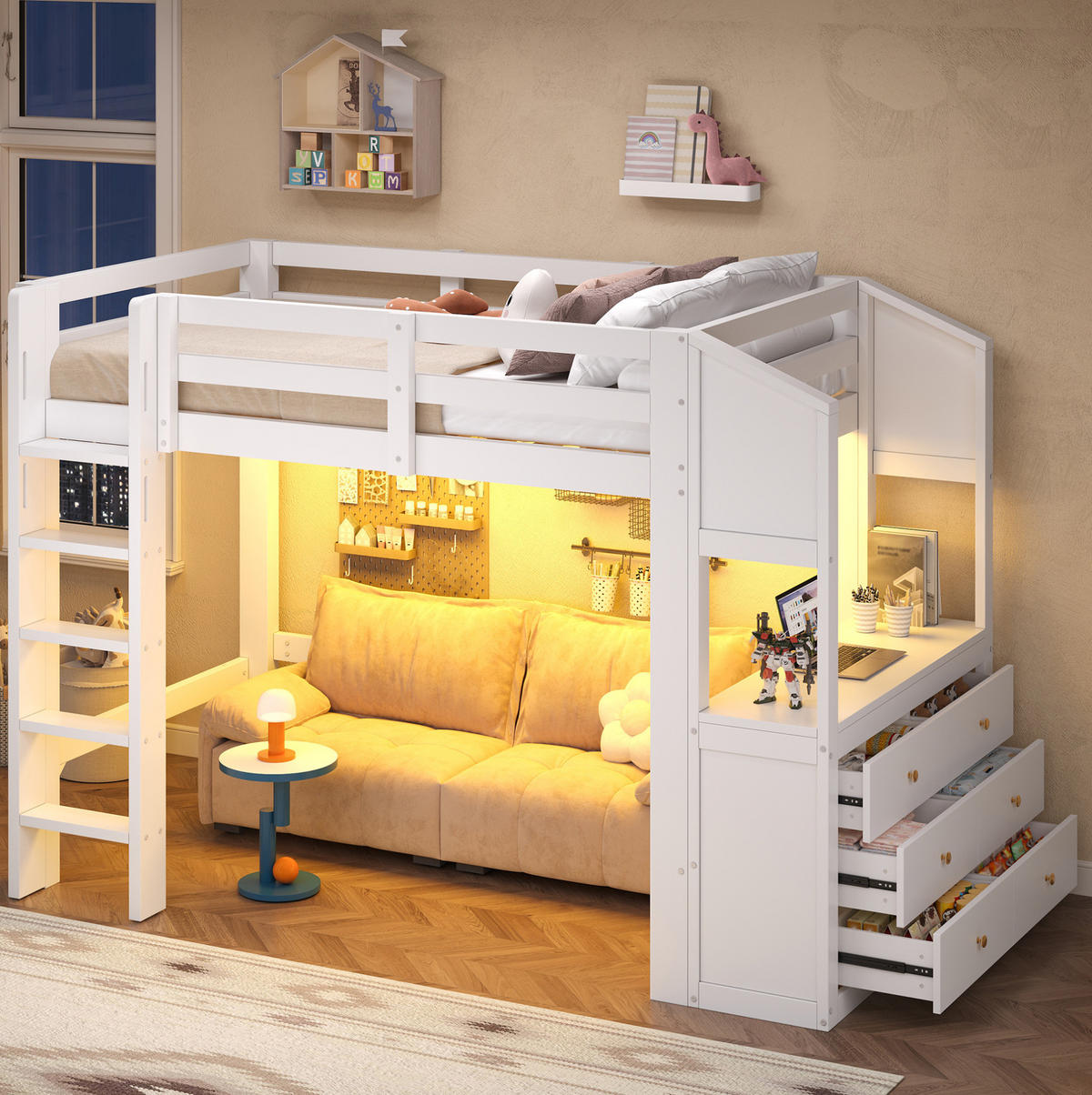 HOCHBETT 90x200 cm in Weiß mit 6 Schubladen, Regalen und LED-Beleuchtung - Weiß, Holz (90/200cm) - IVMEU