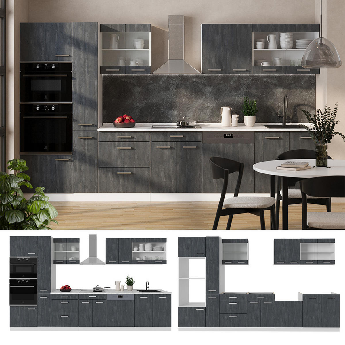 KÜCHENZEILE R-Line Schwarz Beton/Weiß 350 cm AP Marmor - Schwarz/Weiß, Holzwerkstoff (350/81.6/60cm) - Vicco