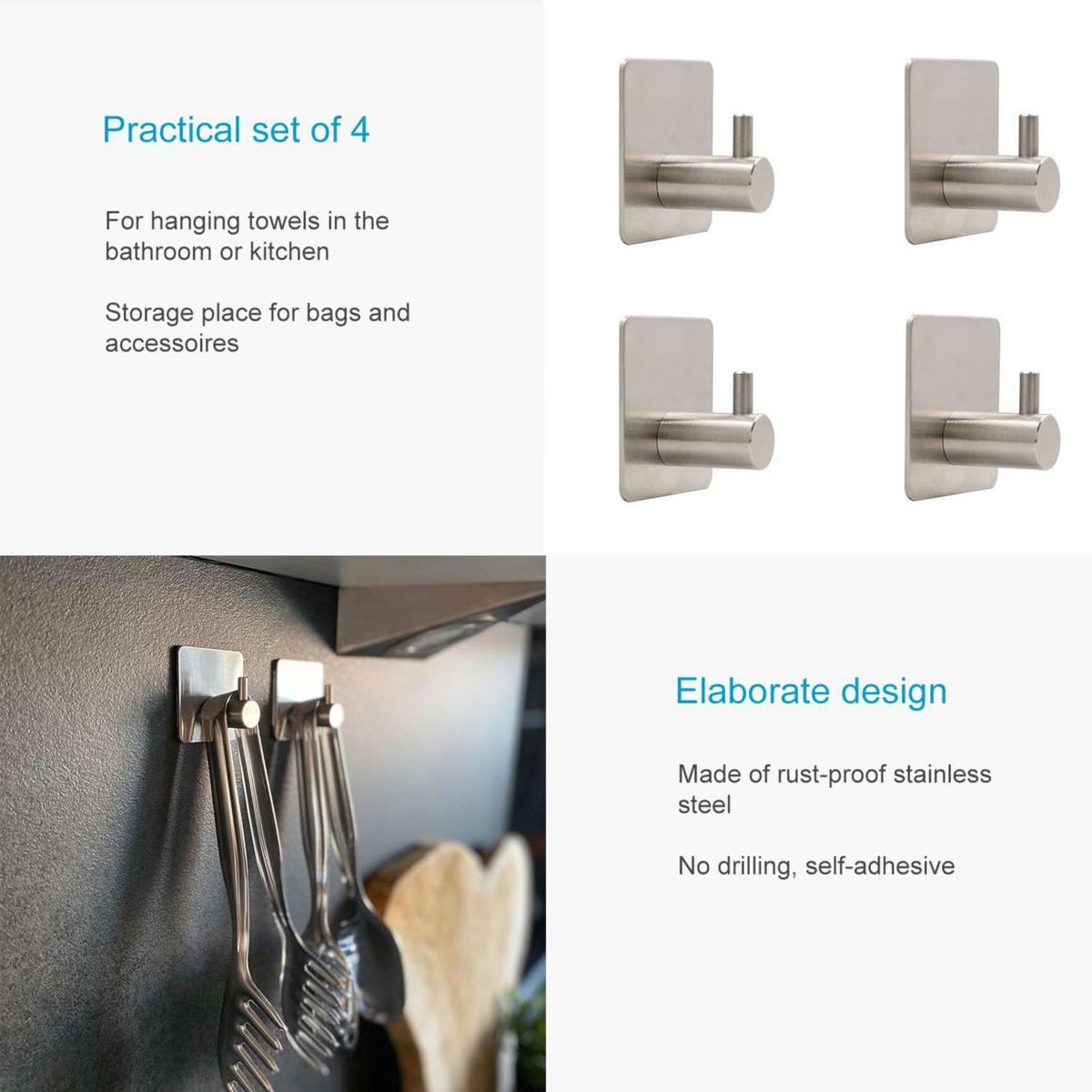 HANDTUCHHALTER selbstklebender Haken (4-tlg.) - Silberfarben, Metall (4.5/3/4.5cm) - Intirilife
