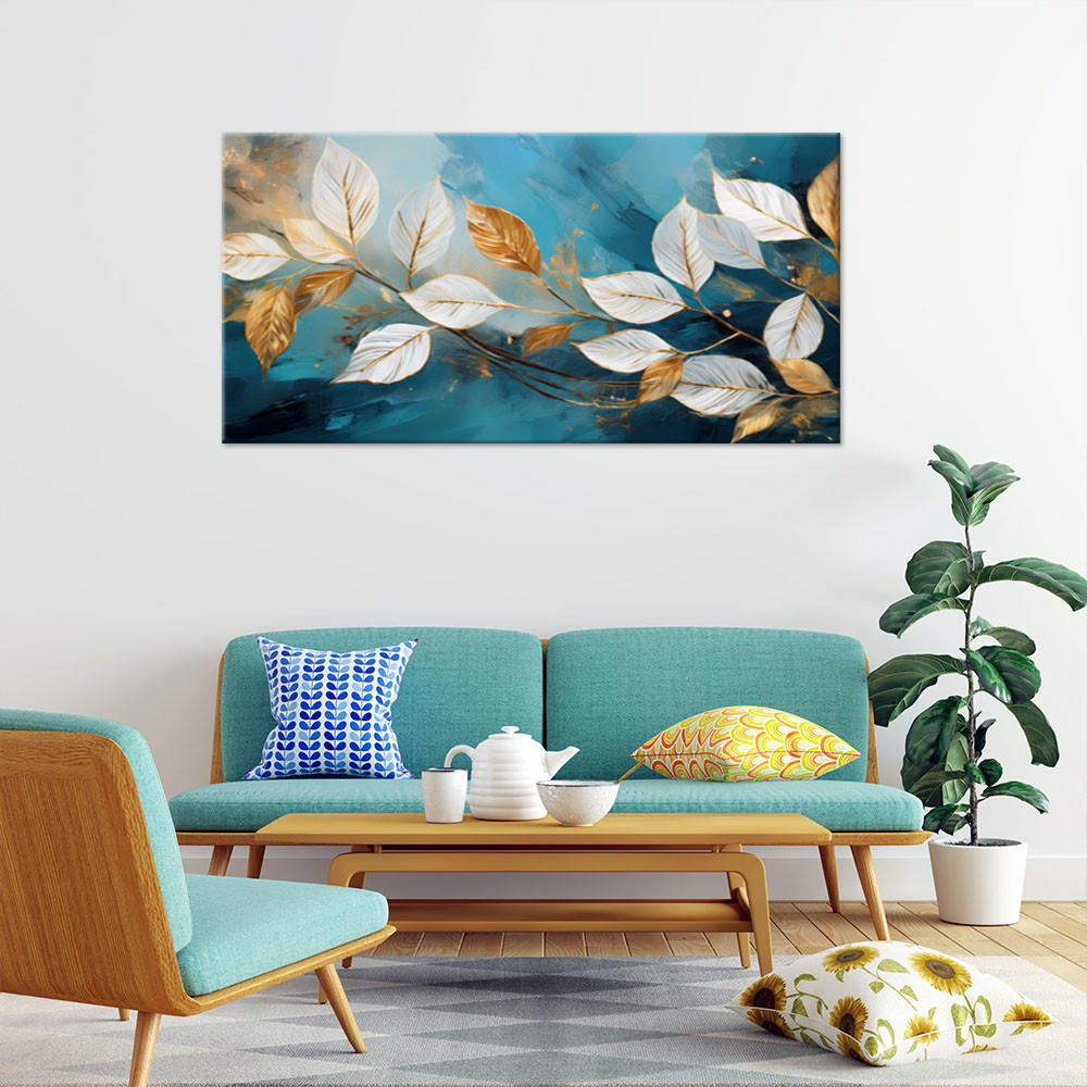 WANDBILD weiße blätter auf einem türkisfarbenen zweig - Türkis, Textil (120/60cm) - Feeby